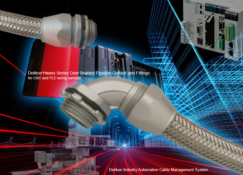 Delikon Heavy Series Over Braided Flexible Conduit and Fittings for CNC and PLC wiring harness, Industry automation cable management system. Most industrial equipment, for indoor or outdoor use, contains extensive electrical wiring between its components and subsystems. Delikon Heavy Series Over Braided Flexible Conduit and Fittings are designed to protect PLC, CNC Controls cables, Servo and Spindle Motors cables, MPG Cables, Drive Command Cables and cables in industry automation. Delikon Heavy Series Connectors simplify design, assembly and maintenance for CNC machining center and other modular machinery. 