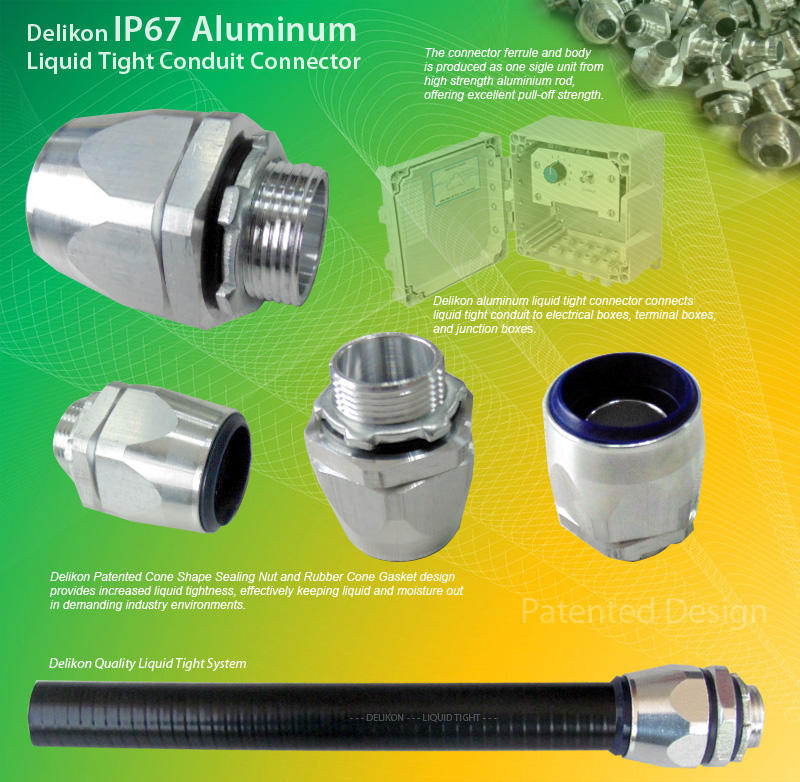 Delikon liquid tight conduit aluminum connector for use with Metal Liquid Tight Conduit or Non Metallic Liquid Tight Conduit (LFMC & LFNC). Male or Female Threads : PT, G, PF, PG, METRIC, NPT