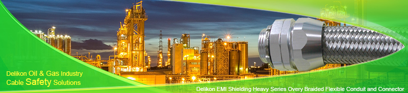 Delikon Electromagnetic Shielding Heavy Series Over Braided Flexible Conduit and Heavy Series Connector protect and shield oil and gas industry automation wire and cable. Use Delikon Electromagnetic Shielding Heavy Series Over Braided Flexible Conduit and Heavy Series Connector to protect wire and cable from signal distortion caused by nearby equipment and devices.