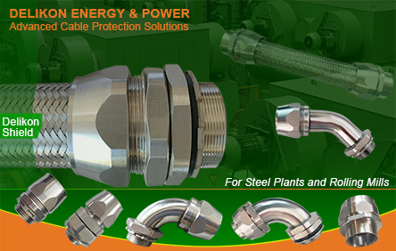 Steel Plants and Rolling Mills Drives and Motors cable protection and shielding Delikon Emi Rfi shielding Heavy Series Over Braided Flexible Conduit and EMI RFI Shield Termination Heavy Series Connector